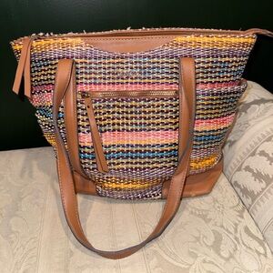 Rossetti Multicolor Woven Tote with Tan Trim